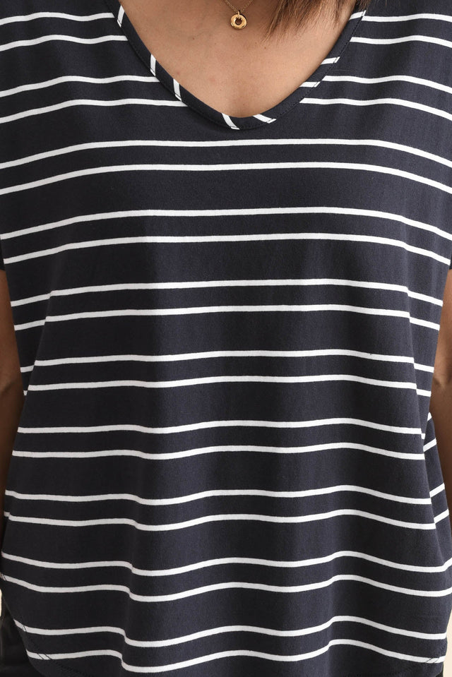 Toronto Navy Double Stripe Cotton Tee,Detail,Brunette model,alt text|model:Cara image 5