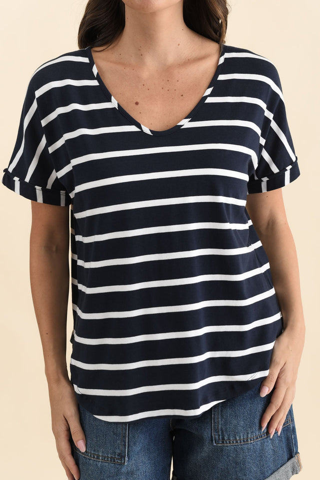 Toronto Navy Stripe Cotton Tee,Brunette model,alt text|model:MJ image 6