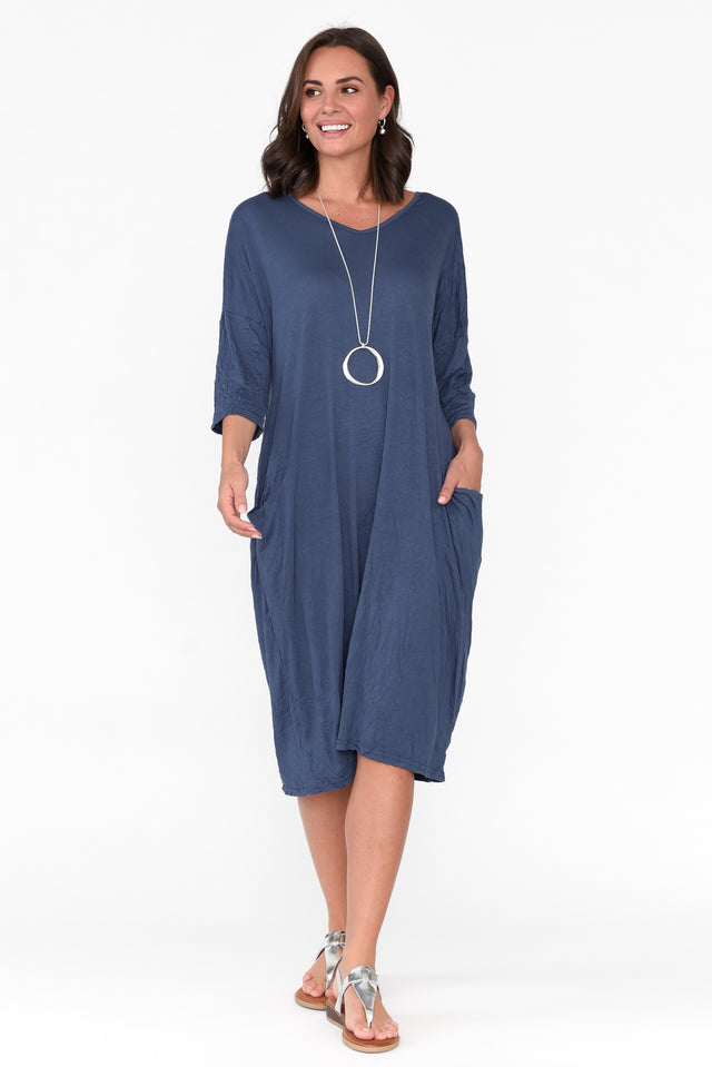 Tova Blue Crinkle Cotton Sleeved Dress
