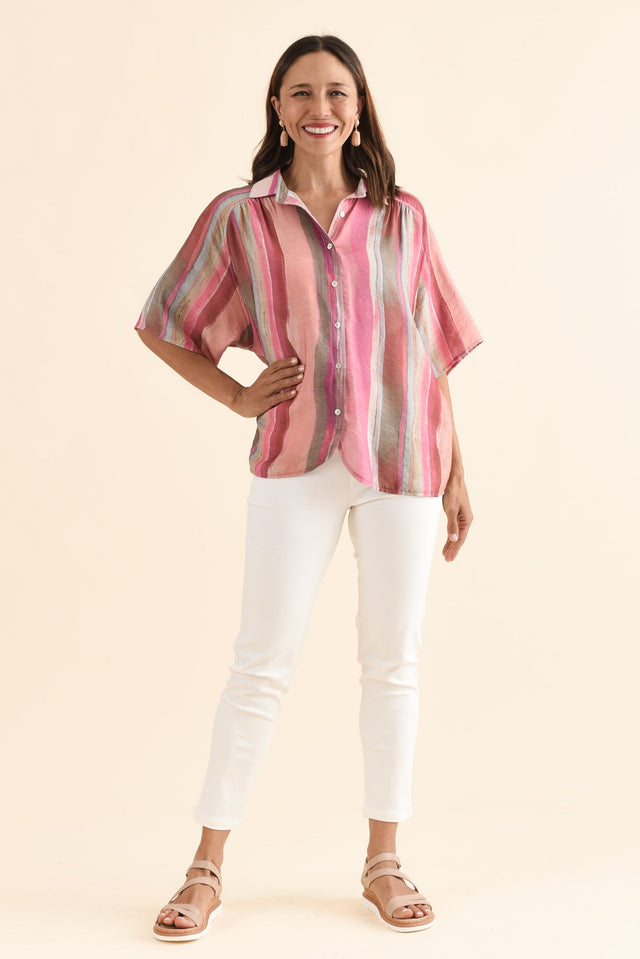 Toven Pink Stripe Button Shirt,Full Body,Brunette model,alt text|model:Cara image 6