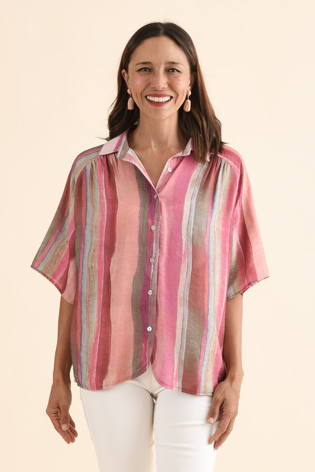 Toven Pink Stripe Button Shirt,Front,Brunette model,alt text|model:Cara image 1