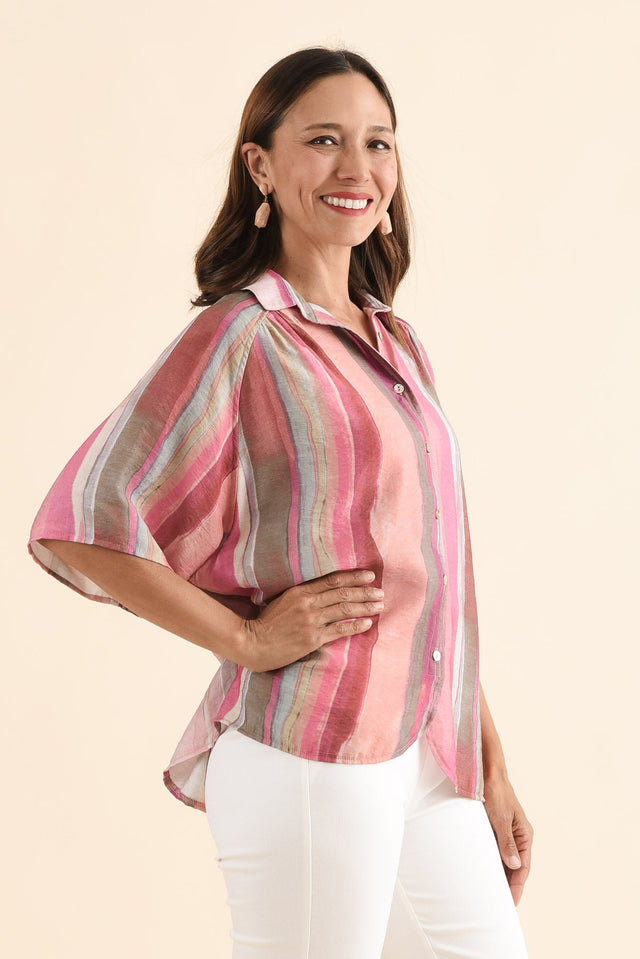 Toven Pink Stripe Button Shirt,Side,Brunette model,alt text|model:Cara image 3