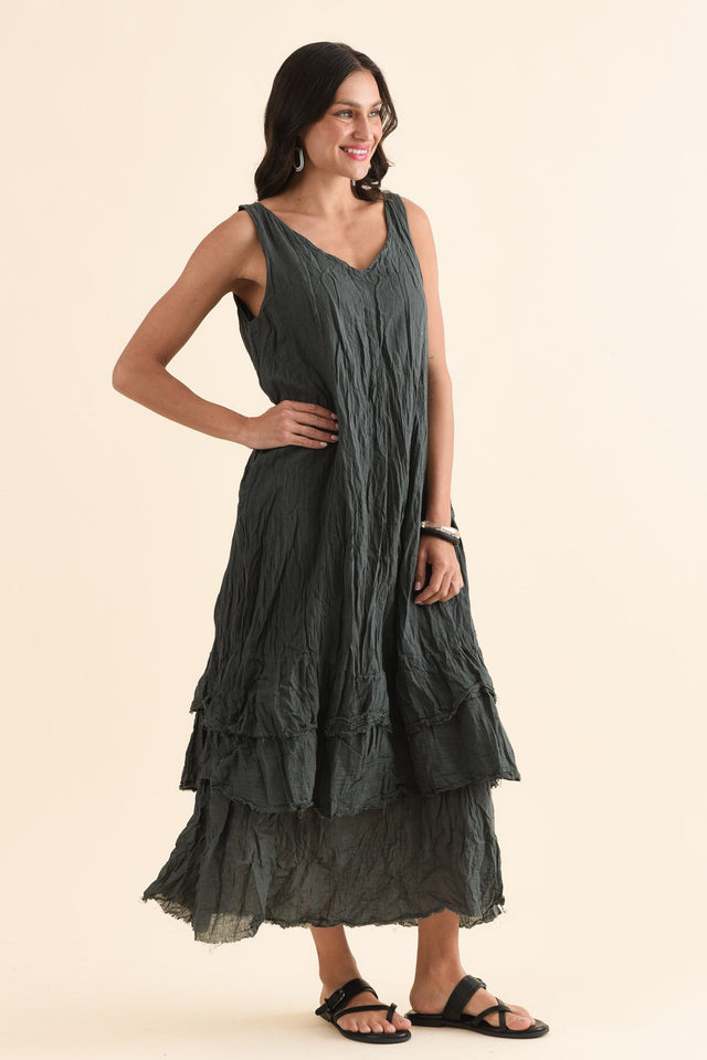 Toya Charcoal Crinkle Cotton Layer Dress,Side,Brunette model,alt text|model:Brontie image 3