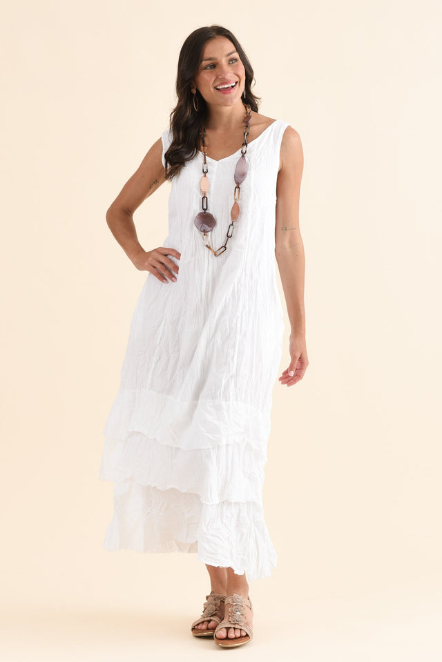 Toya White Crinkle Cotton Layer Dress,Full Body,Brunette model,alt text|model:Brontie