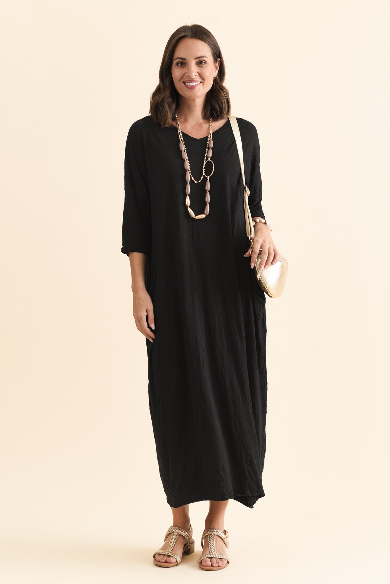 Travel Black Crinkle Cotton Sleeved Maxi Dress - Blue Bungalow NZ Travel Black Crinkle Cotton Sleeved Maxi Dress - Blue Bungalow NZ