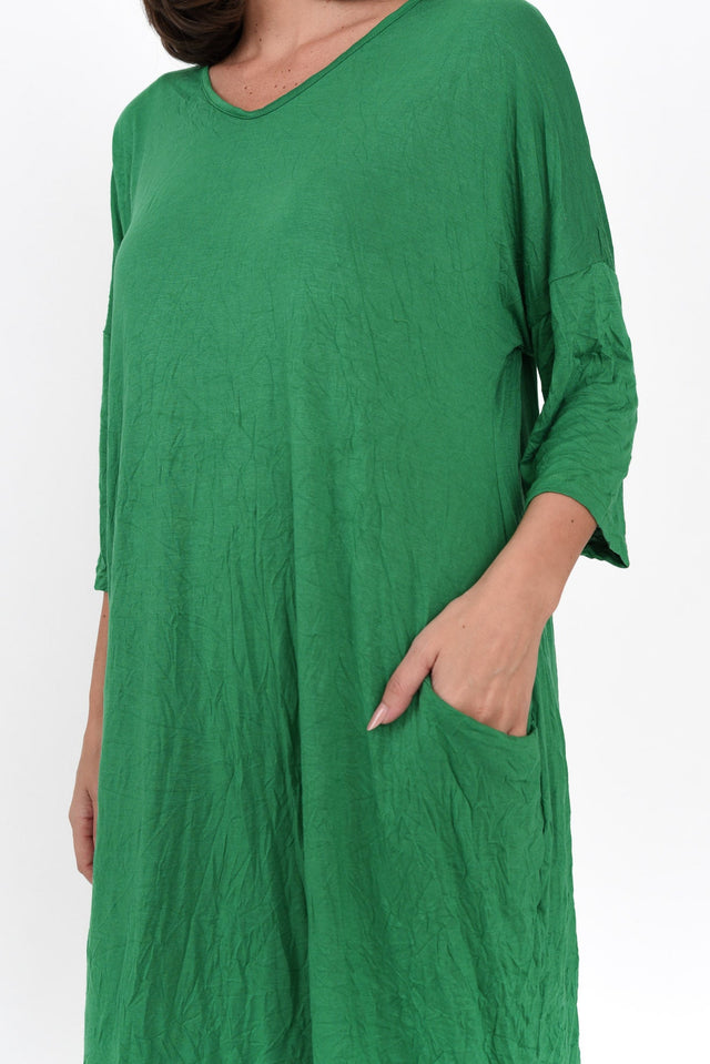 Travel Green Crinkle Cotton Sleeved Dress