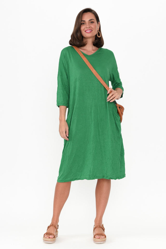 Travel Green Crinkle Cotton Sleeved Dress