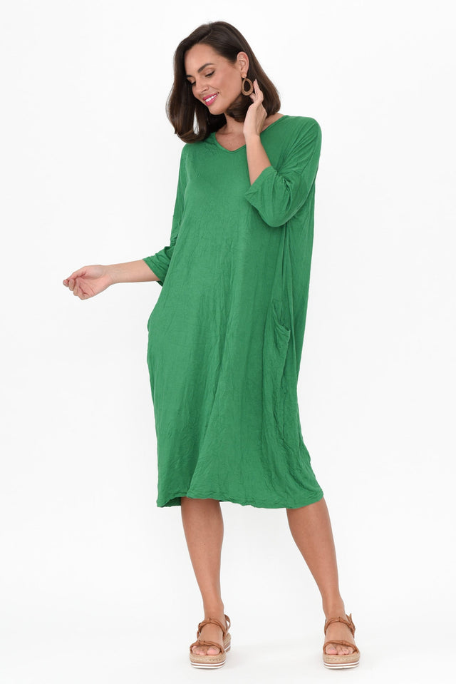 Travel Green Crinkle Cotton Sleeved Dress