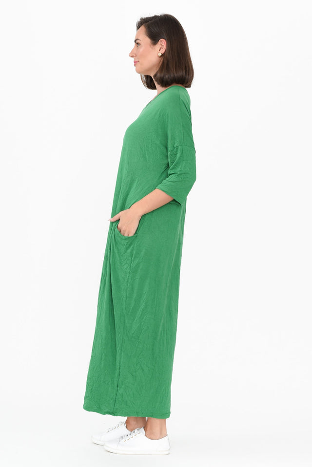 Travel Green Crinkle Cotton Sleeved Maxi Dress