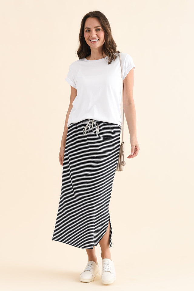Travel Navy Stripe Cotton Maxi Skirt,Full Body,Brunette model,alt text|model:Cara image 7