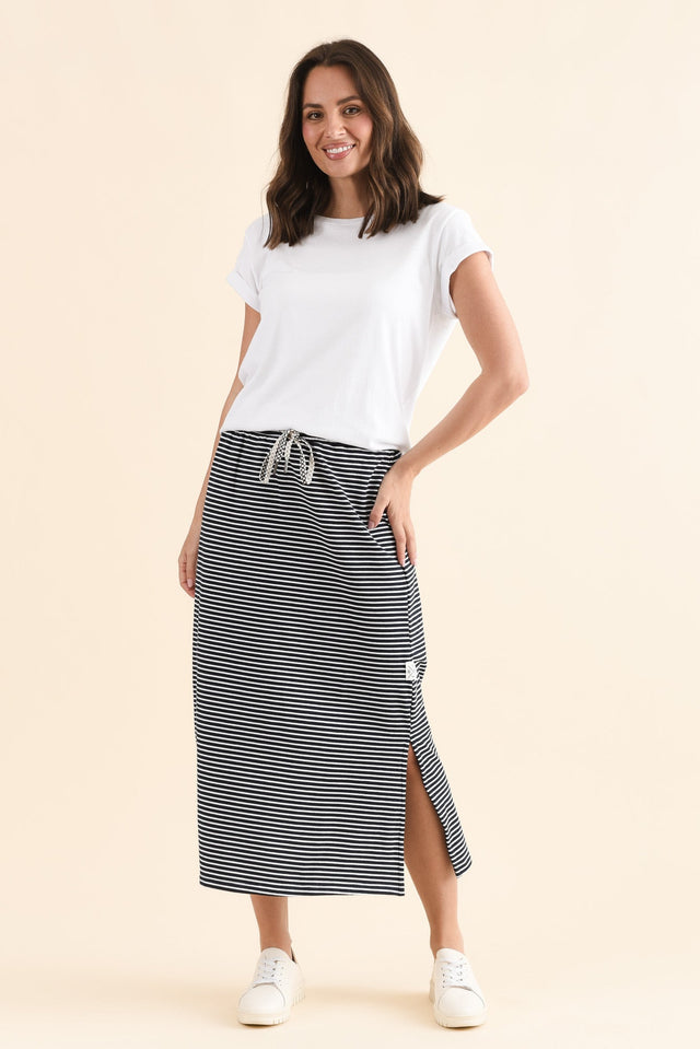 Travel Navy Stripe Cotton Maxi Skirt,Full Body,Brunette model,alt text|model:Cara image 3