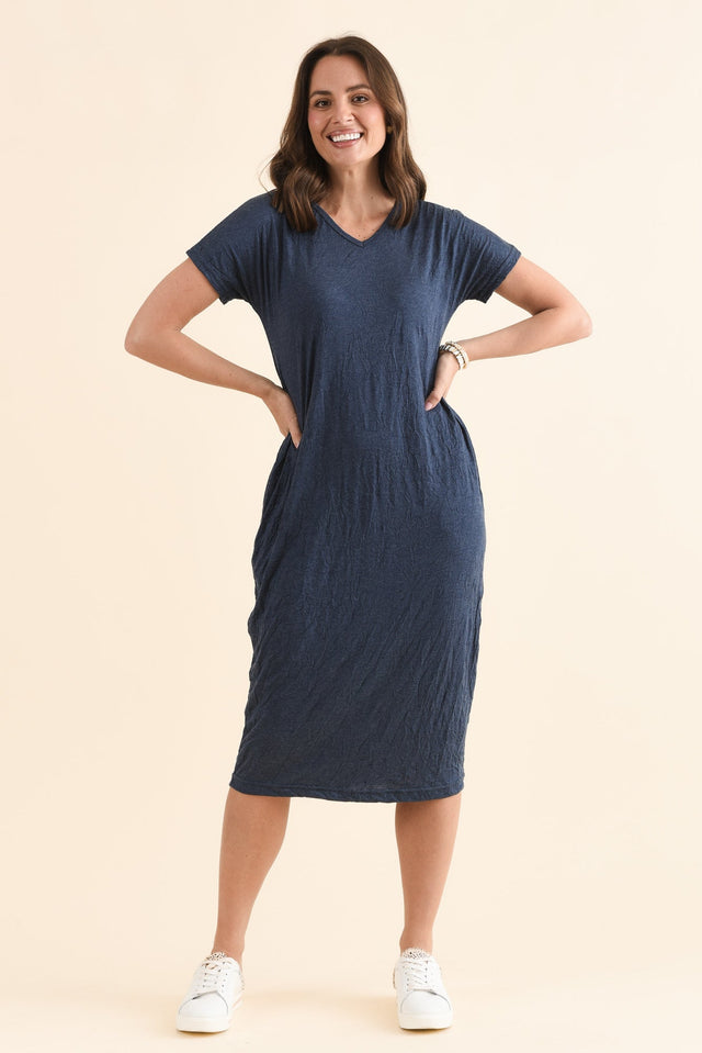 Travel No-Iron Blue Denim Maxi Dress,Full Body,Brunette model,alt text|model:MJ