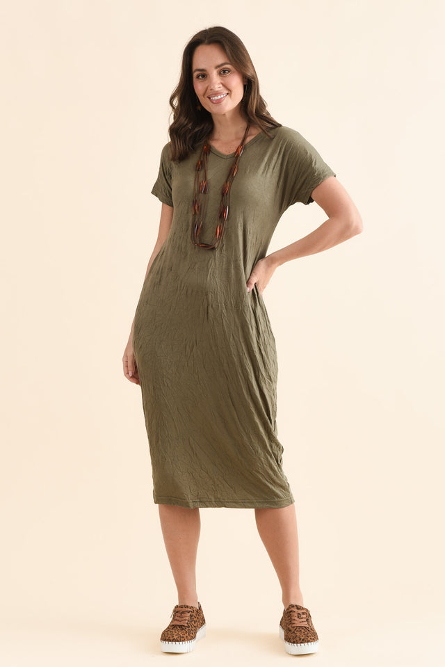 Travel No-Iron Khaki Midi Dress image 1