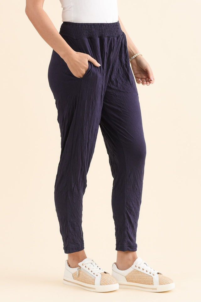 Travel No-Iron Navy Cropped Pants,Side,Brunette model,alt text|model:MJ image 3