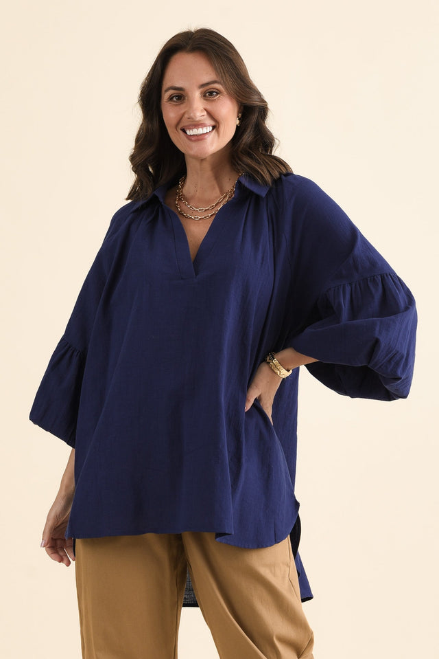 Tribeca Navy Cotton Collared Tunic,brunette model,Front of Outfit,alt text|model:MJ