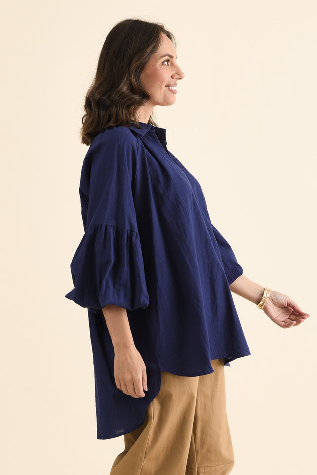 Tribeca Navy Cotton Collared Tunic,brunette model,Side of Outfit,alt text|model:MJ image 3