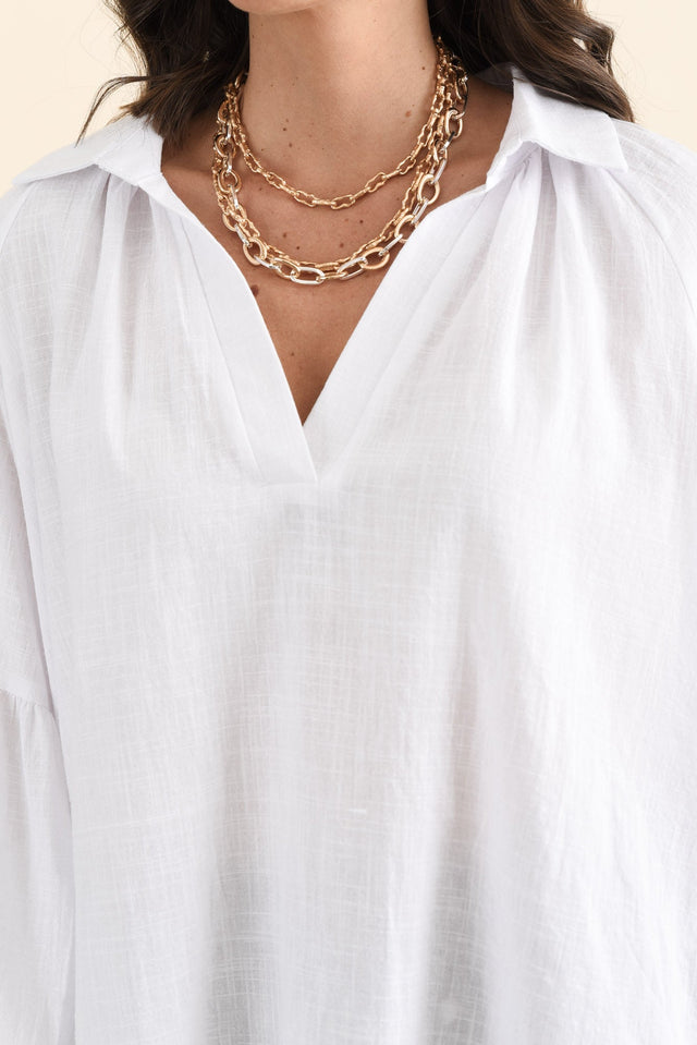 Tribeca White Cotton Collared Tunic,brunette model,Close up of outfit,alt text|model:MJ image 5
