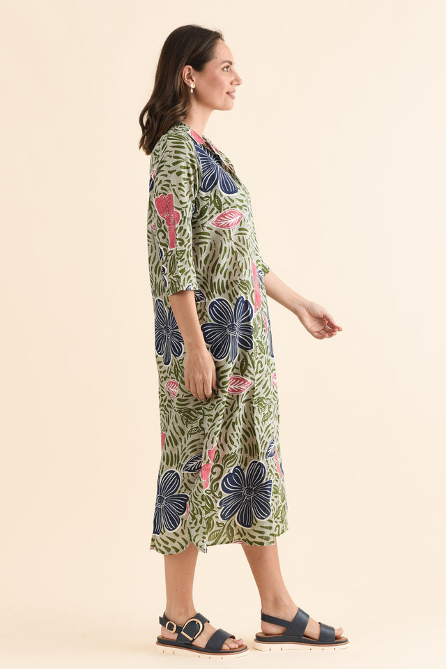 Tricia Blue Flower Cotton Shirt Dress,Side,Brunette model,alt text|model:MJ image 3