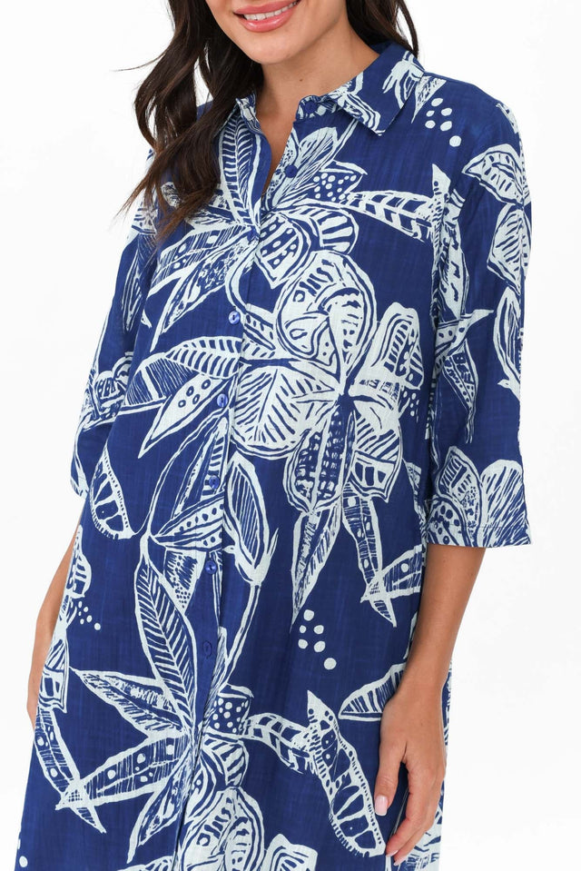 Tricia Blue Tropical Cotton Shirt Dress