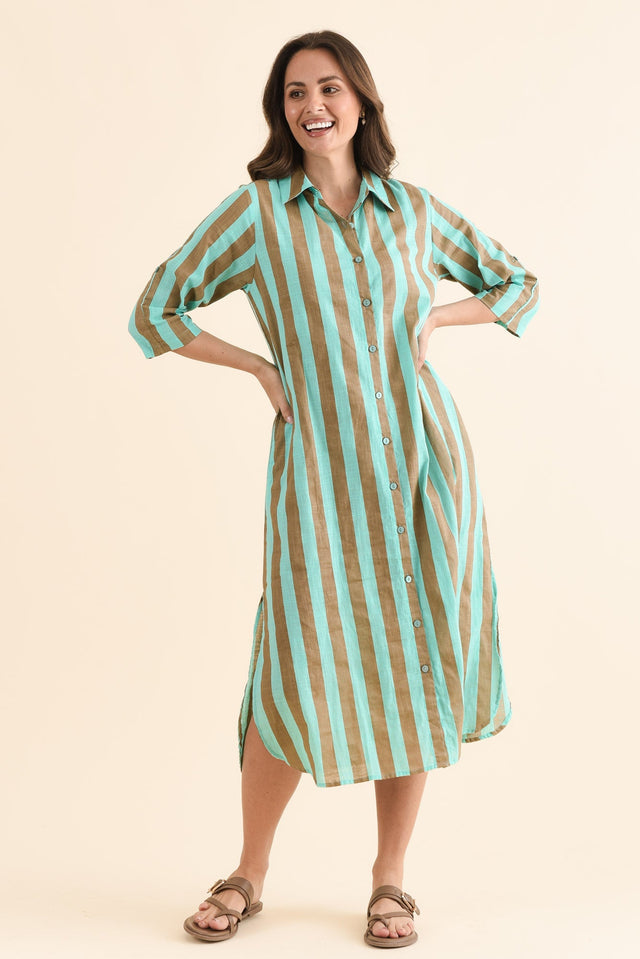 Tricia Brown Stripe Cotton Shirt Dress,Full Body,Brunette model,alt text|model:MJ image 2