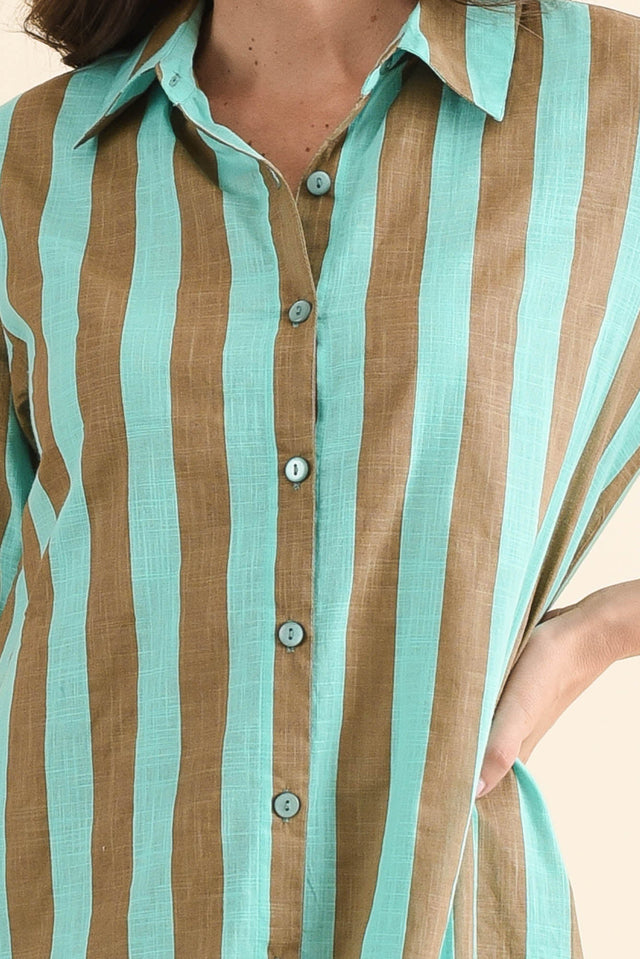 Tricia Brown Stripe Cotton Shirt Dress,Detail,Brunette model,alt text|model:MJ image 5