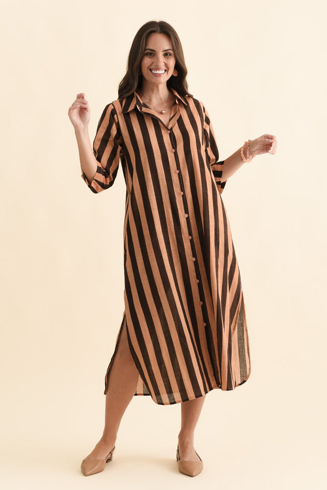 Tricia Chocolate Stripe Cotton Shirt Dress,Brunette model,alt text|model:MJ image 4