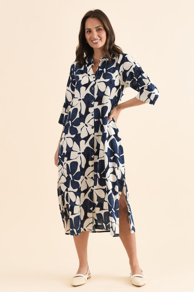 Tricia Navy Garden Cotton Shirt Dress,Full Body,Brunette model,alt text|model:MJ image 3