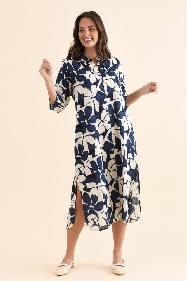 Tricia Navy Garden Cotton Shirt Dress,Full Body,Brunette model,alt text|model:MJ image 8