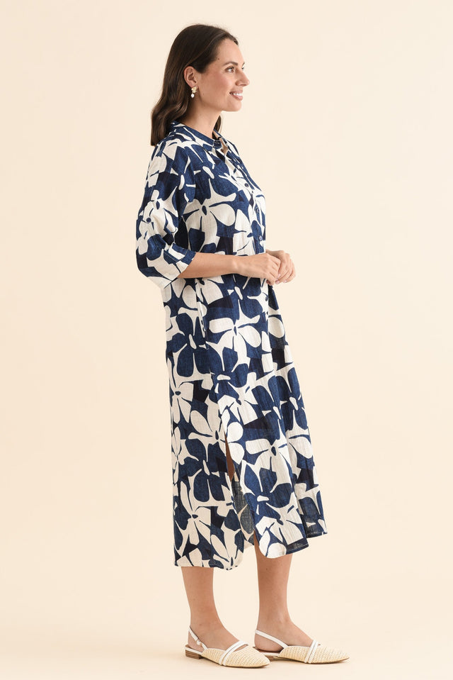 Tricia Navy Garden Cotton Shirt Dress,Side,Brunette model,alt text|model:MJ image 4