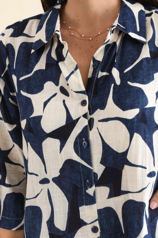 Tricia Navy Garden Cotton Shirt Dress,Detail,Brunette model,alt text|model:MJ image 6