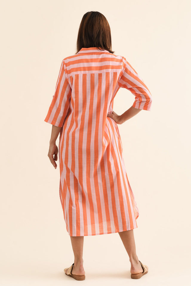 Tricia Orange Stripe Cotton Shirt Dress,Back,Brunette model,alt text|model:Cara image 4