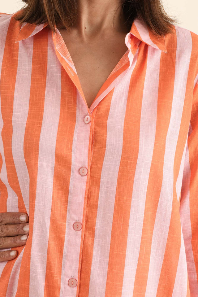Tricia Orange Stripe Cotton Shirt Dress,Detail,Brunette model,alt text|model:Cara image 5