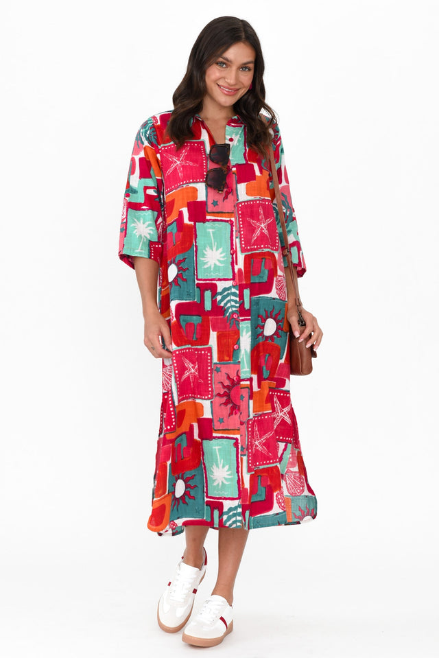 Tricia Pink Patchwork Cotton Shirt Dress hem_Straight length_Midi sleeve_3/4 neckline_V Neck sleevetype_Straight print_Abstract colour_Red DRESSES    alt text|model:Brontie image 1