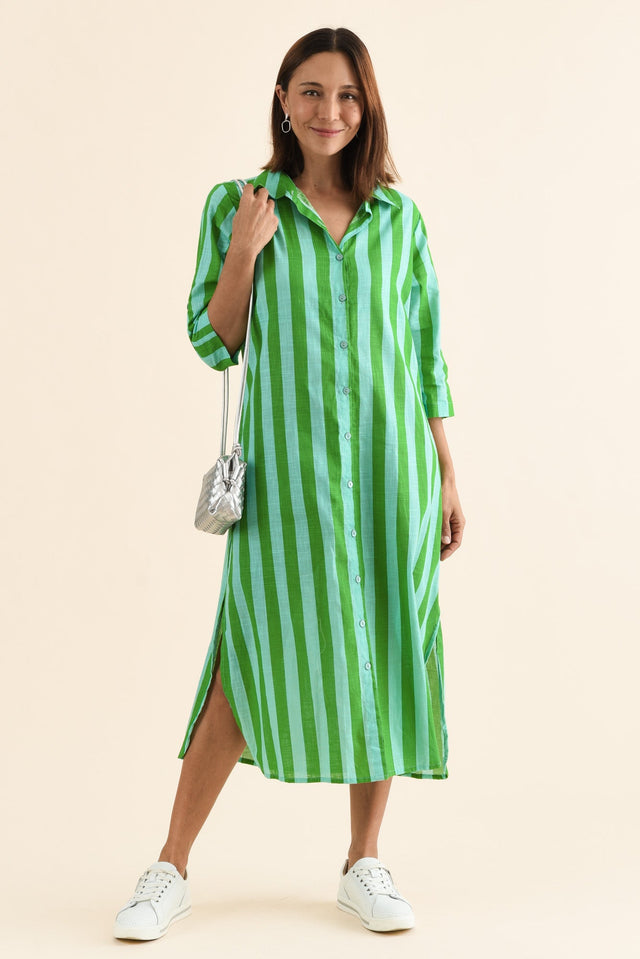 Tricia Turquoise Stripe Cotton Shirt Dress,Front,Brunette model,alt text|model:Cara image 1