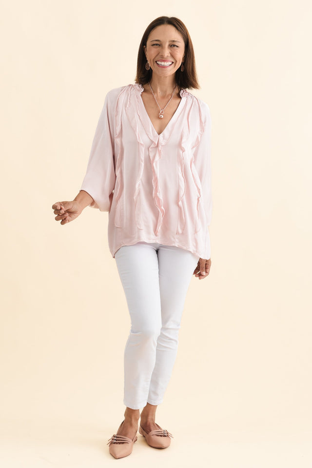 Trove Blush Silk Ruffle Top,Brunette model,alt text|model:Cara image 7