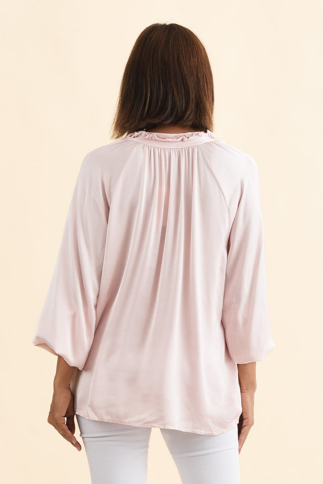 Trove Blush Silk Ruffle Top,Brunette model,alt text|model:Cara image 5