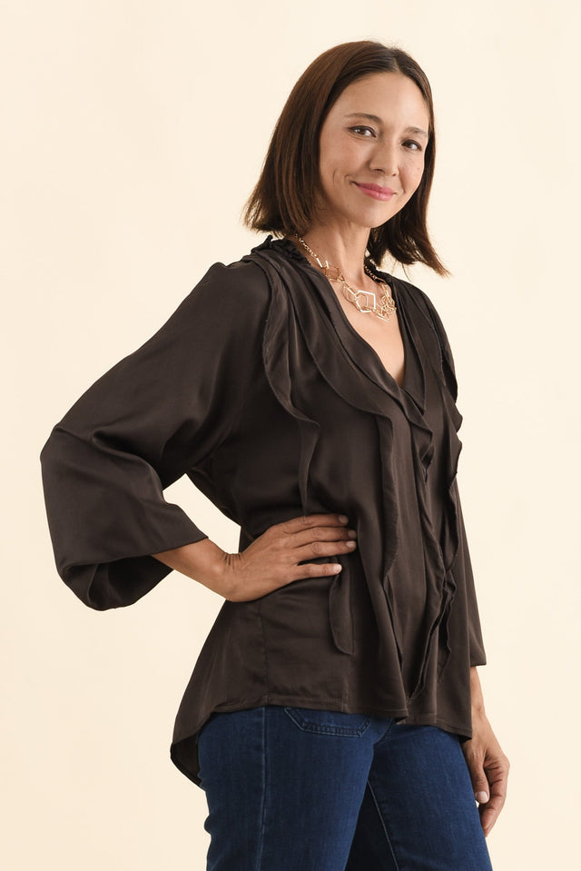 Trove Chocolate Silk Ruffle Top,Brunette model,alt text|model:Cara image 4