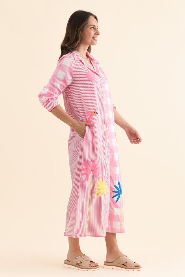 Tylen Pink Flora Cotton Embroidered Dress,Side,Brunette model,alt text|model:MJ image 3