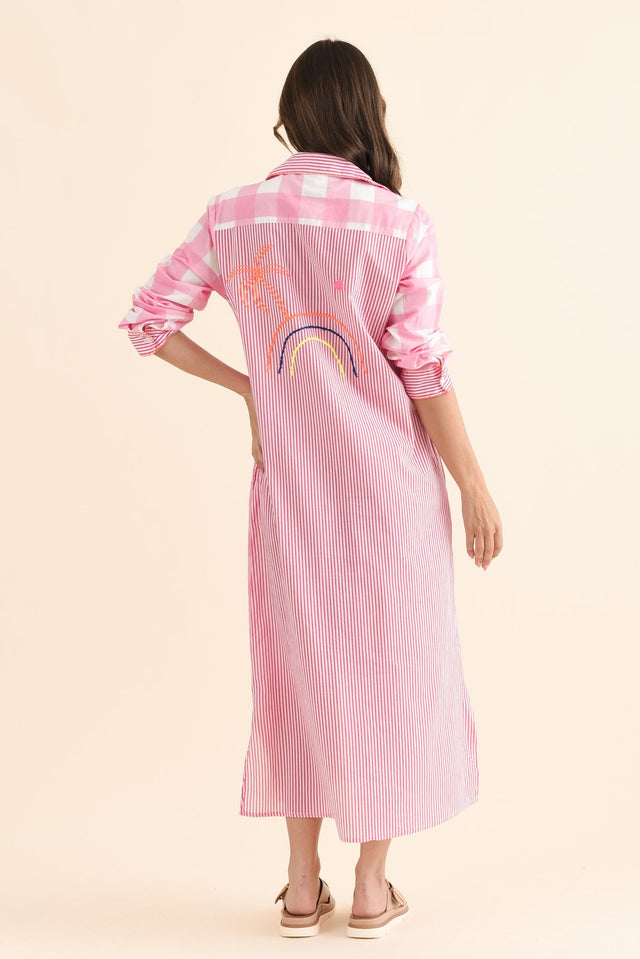 Tylen Pink Flora Cotton Embroidered Dress,Back,Brunette model,alt text|model:MJ image 4