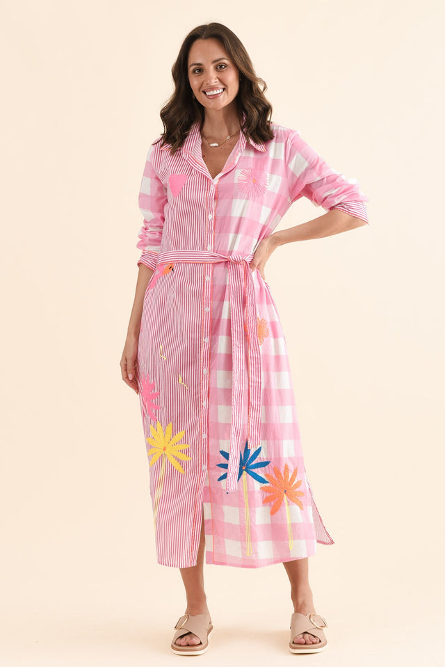 Tylen Pink Flora Cotton Embroidered Dress,Full Body,Brunette model,alt text|model:MJ image 2