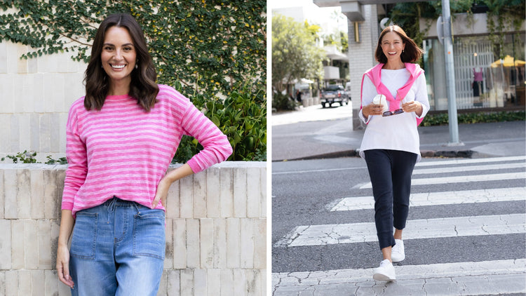 Three brunette women wearing transeasonal fashion outfits for everyday effortless style.