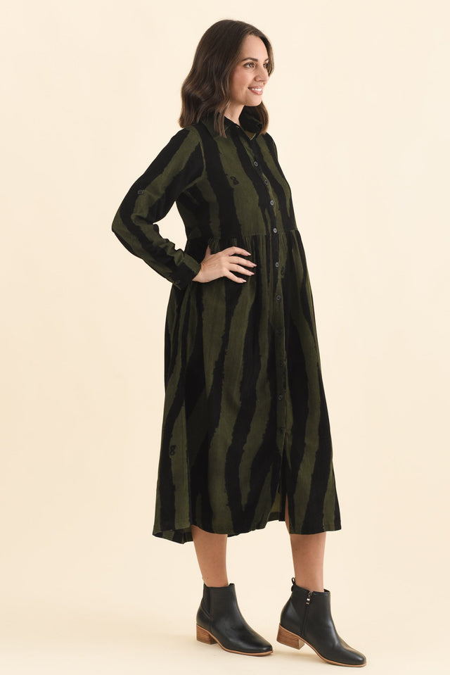Vani Olive Stripe Cotton Button Dress,Brunette model,alt text|model:MJ image 4