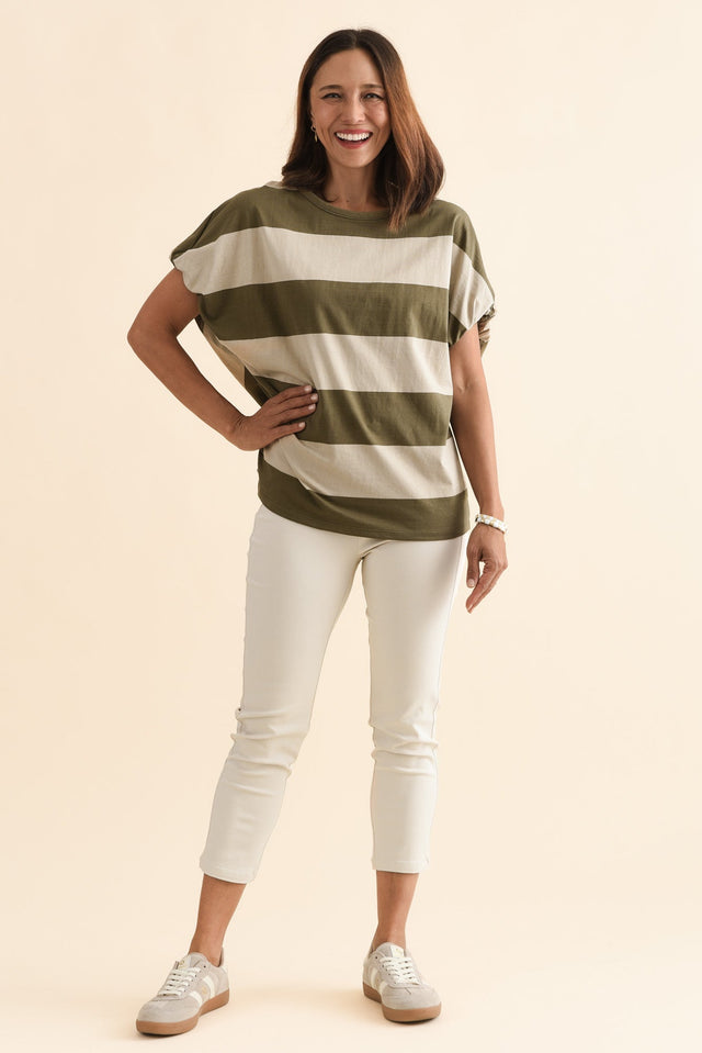 Varley Khaki Stripe Cotton Tee,Full Body,Brunette model,alt text|model:Cara image 6