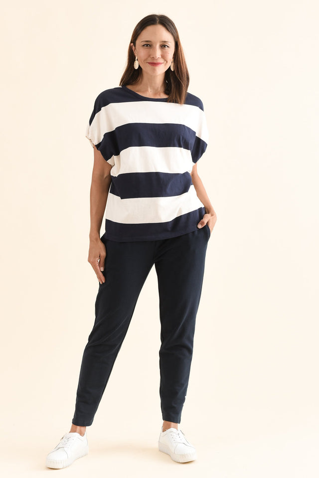 Varley Navy Stripe Cotton Tee,Full Body,Brunette model,alt text|model:Cara image 2