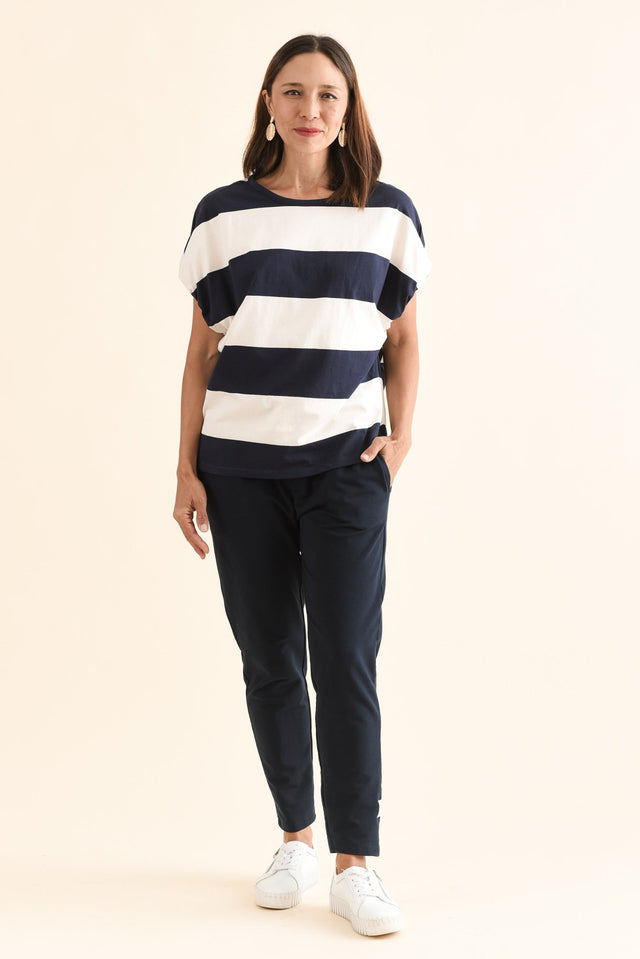 Varley Navy Stripe Cotton Tee,Full Body,Brunette model,alt text|model:Cara image 6