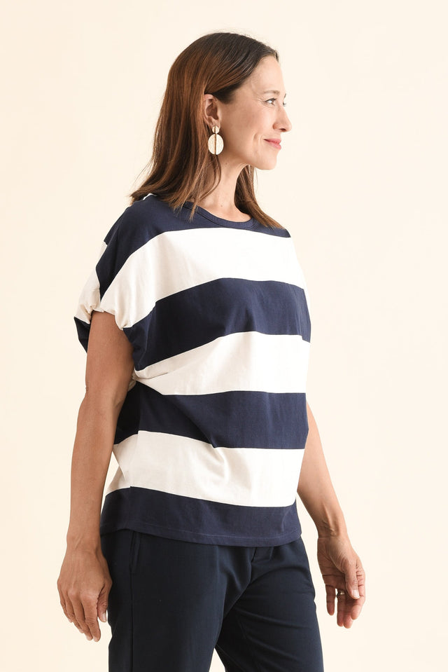 Varley Navy Stripe Cotton Tee,Side,Brunette model,alt text|model:Cara image 3