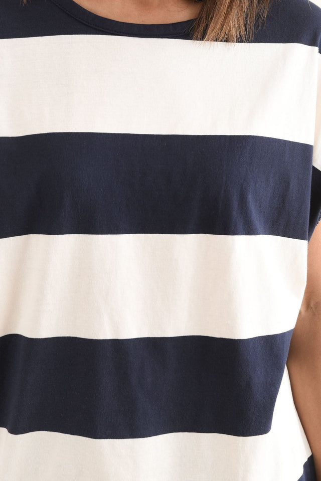 Varley Navy Stripe Cotton Tee,Detail,Brunette model,alt text|model:Cara image 5