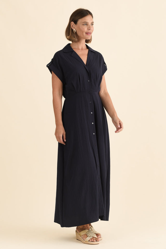 Versailles Navy Collared Tie Dress,Side,Brunette model,alt text|model:Laura image 3