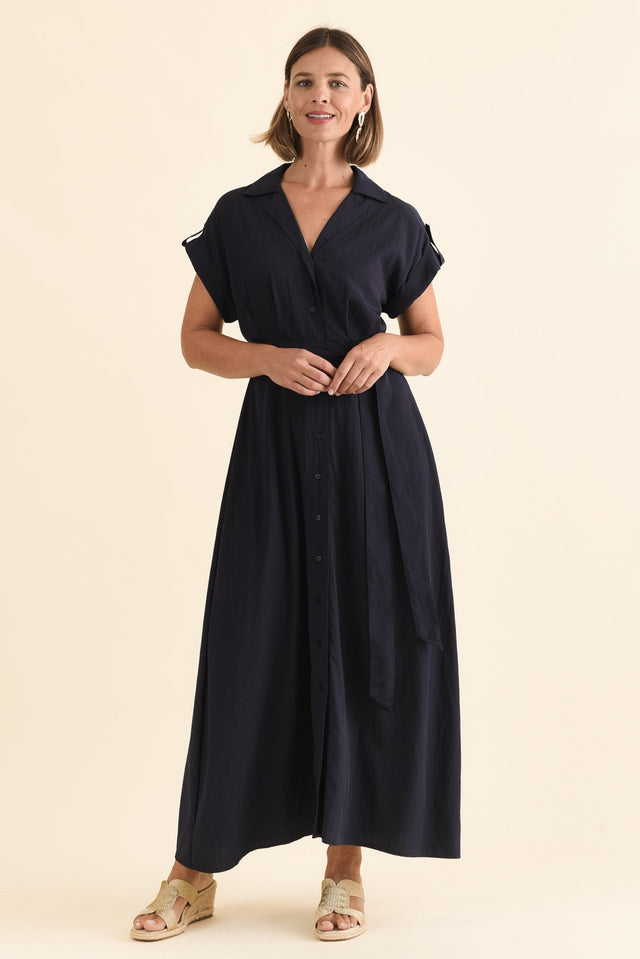 Versailles Navy Collared Tie Dress,Full Body,Brunette model,alt text|model:Laura image 6