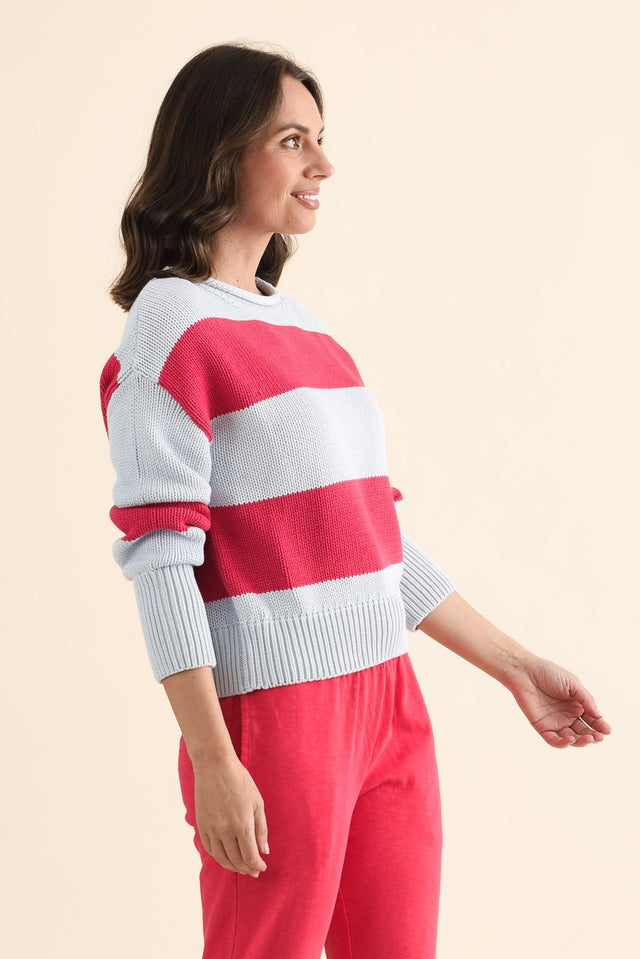 Vesi Red Stripe Cotton Knit Jumper,brunette model,Side of Outfit,alt text|model:MJ image 3